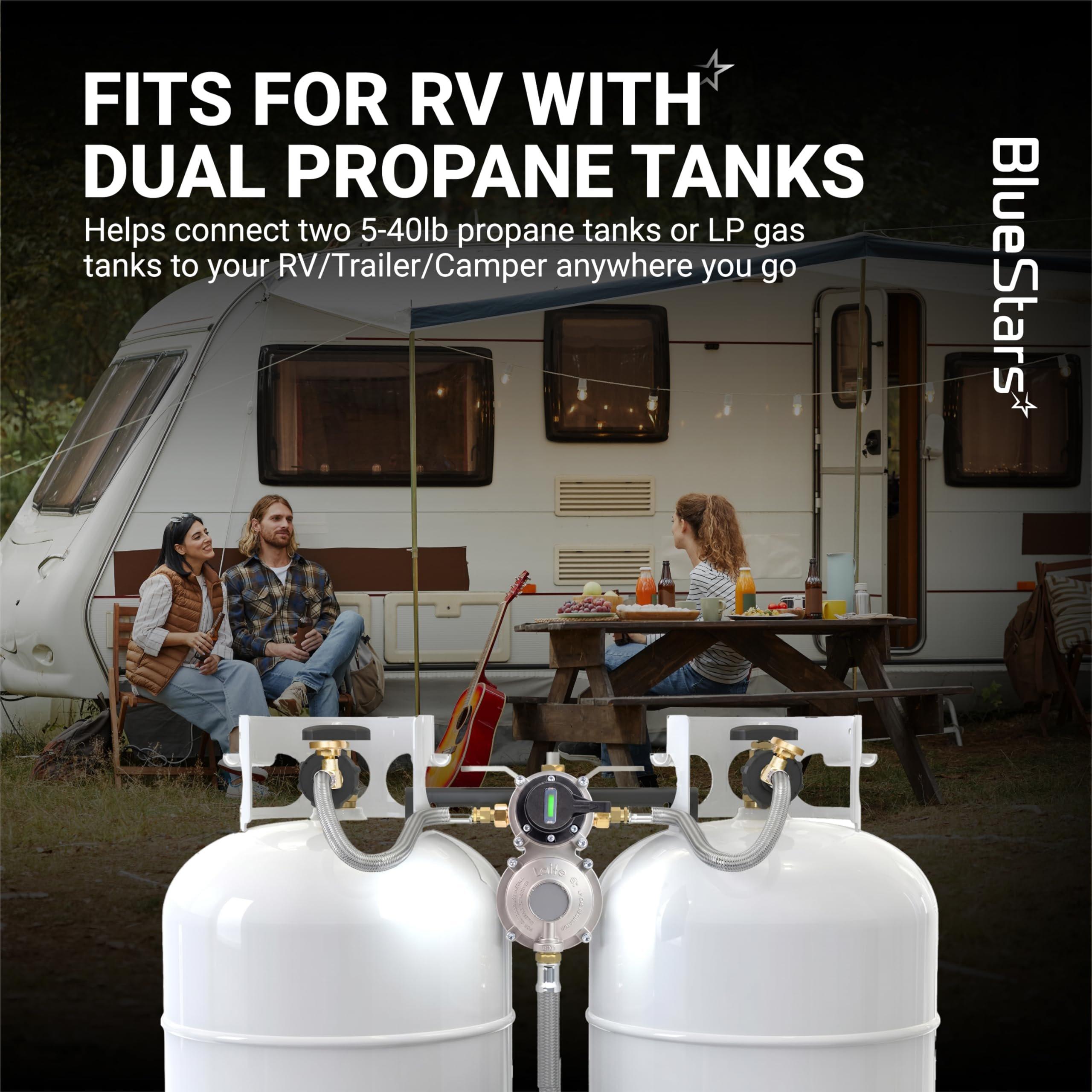 2-Stage Automatic Changeover LP Propane Gas Regulator with Two 18" Pigtail Hoses with Gauge & 4FT Outlet Regulator Stainless Hose 1/4 Inverted Male Flare for RV Camper Trailer | CSA Certified image 8