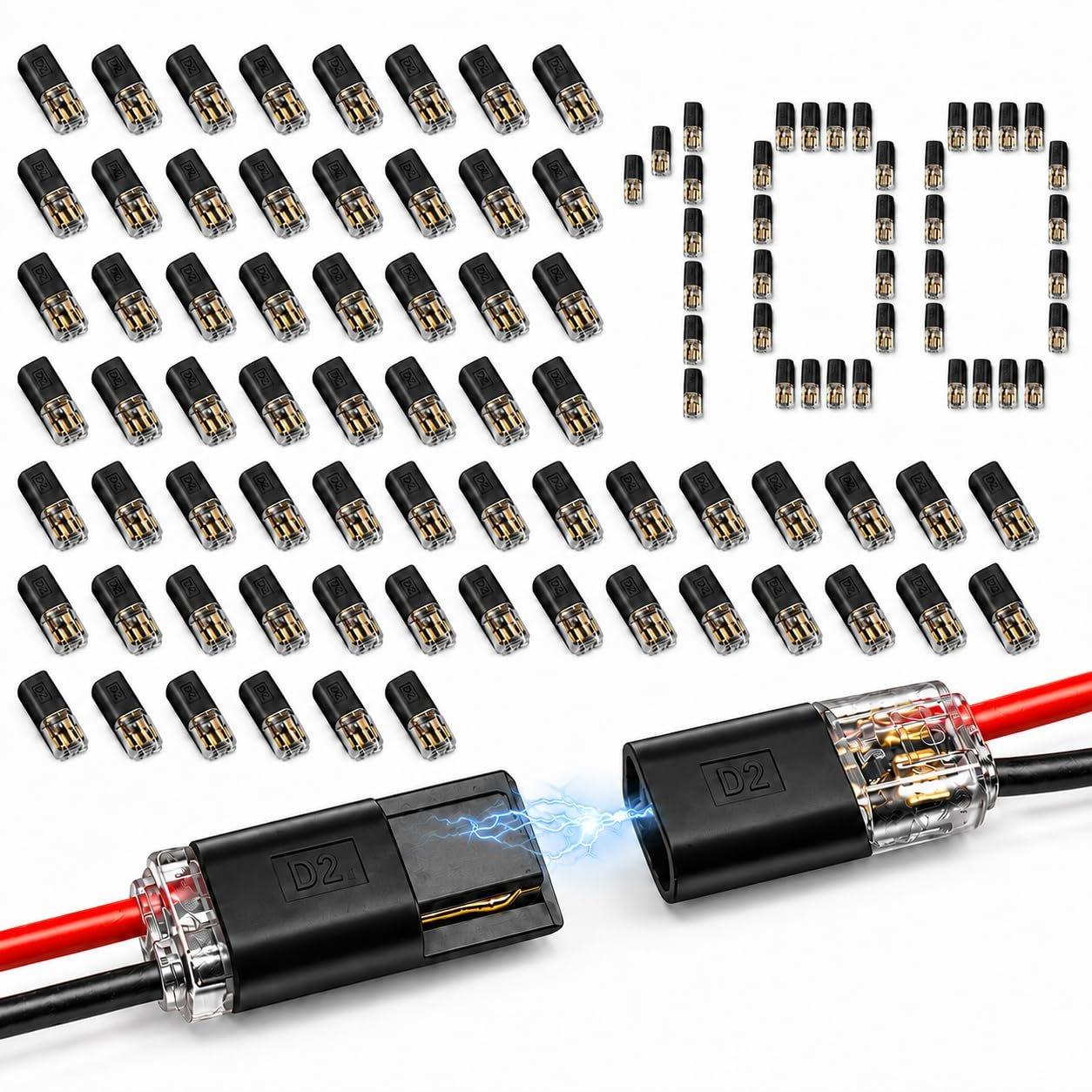 2 Pin Double Wire Plug-in Connectors with Locking Buckle, 18-22 AWG Low Voltage Quick Wire Splice Connectors | Pack of 100 image 0
