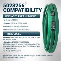[Grip120] 5023256 Deck Belt for Snapper 355Z 360Z 400Z, Simplicity ZT2050 ZT3000 Champion, Ferris Mowers, Blade Drive Belt - Replaces John Deere M152398 5023256SM | 1/2" x 151" thumbnail 5