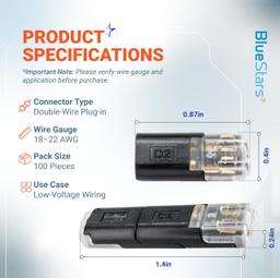 2 Pin Double Wire Plug-in Connectors with Locking Buckle, 18-22 AWG Low Voltage Quick Wire Splice Connectors | Pack of 100 thumbnail 1
