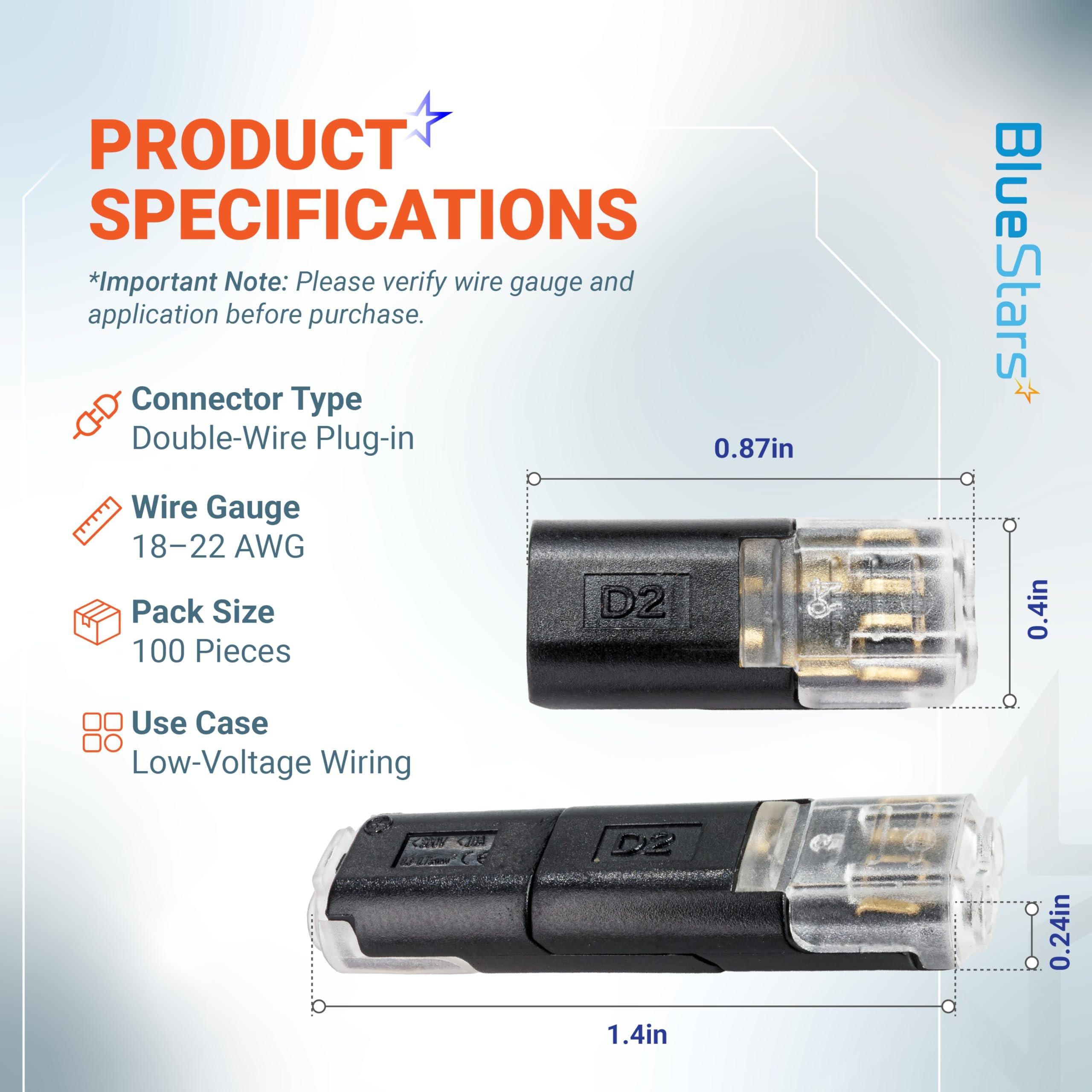 2 Pin Double Wire Plug-in Connectors with Locking Buckle, 18-22 AWG Low Voltage Quick Wire Splice Connectors | Pack of 100 image 1