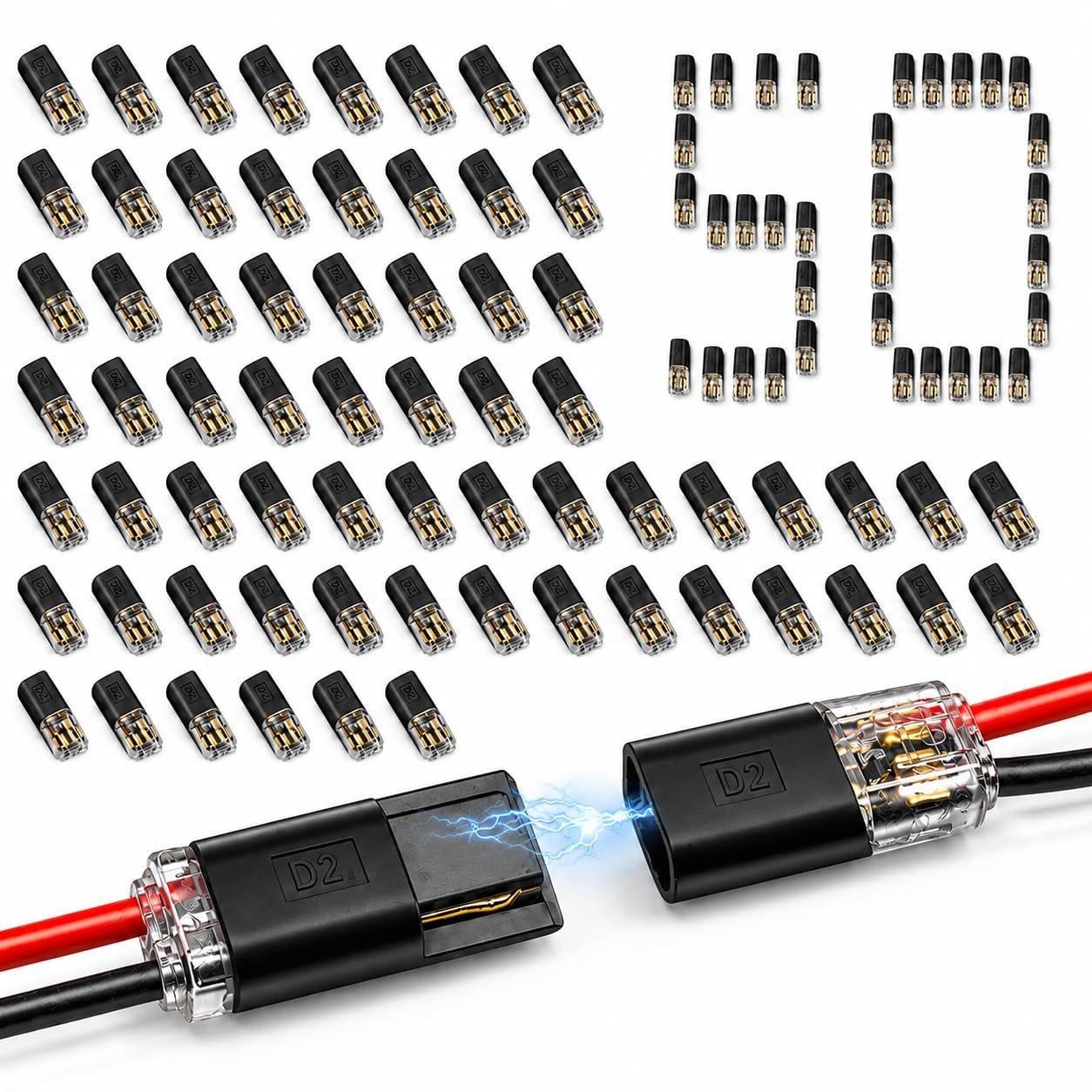 2 Pin Double Wire Plug-in Connectors with Locking Buckle, 18-22 AWG Low Voltage Quick Wire Splice Connectors | Pack of 50 image 0