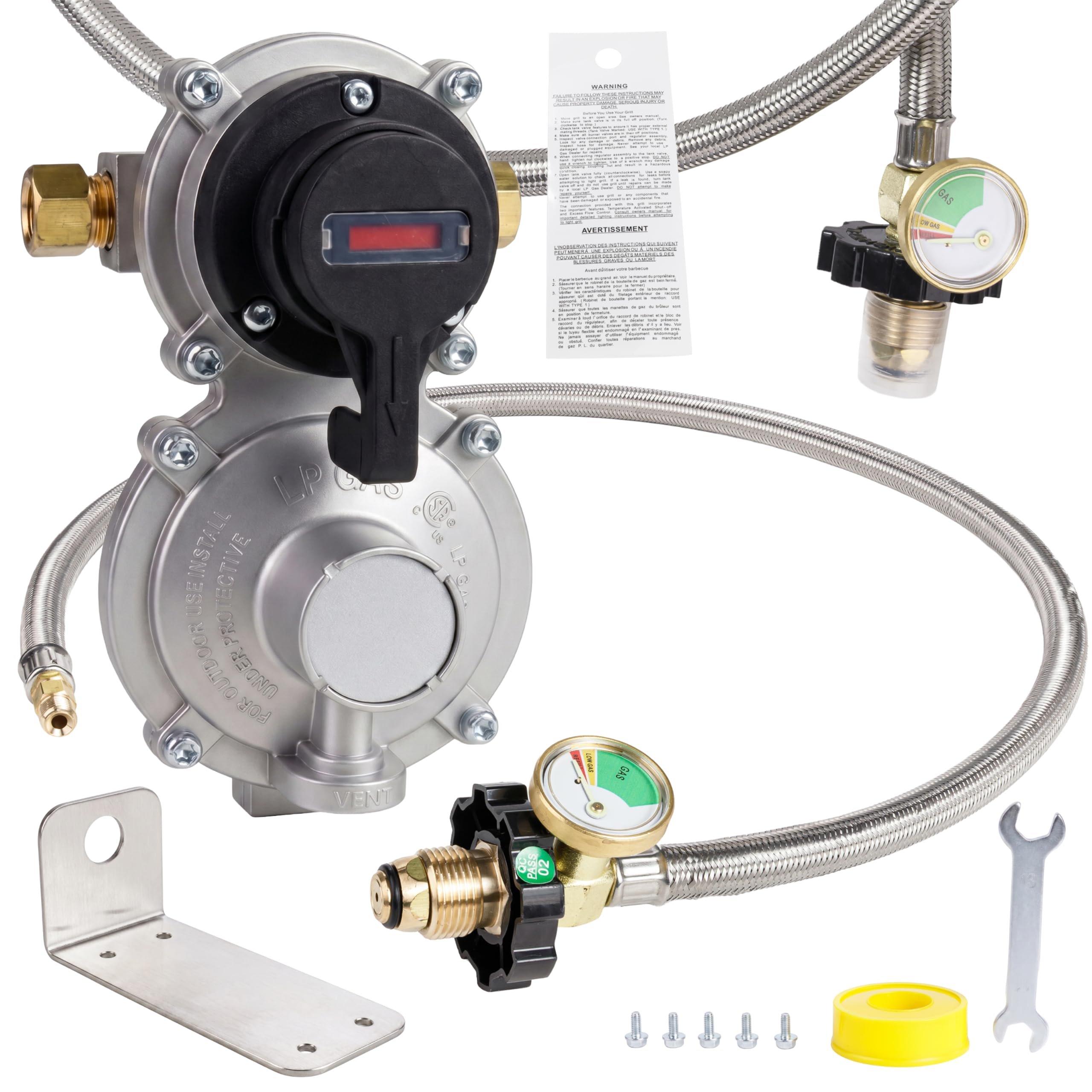 2-Stage Automatic Changeover LP Propane Gas Regulator with 36" Pigtail Hoses with Gauge POL Connect 100lb Propane Tank Regulator 1/4" Inverted Male Flare for RV Trailer Camper | CSA Certified image 0