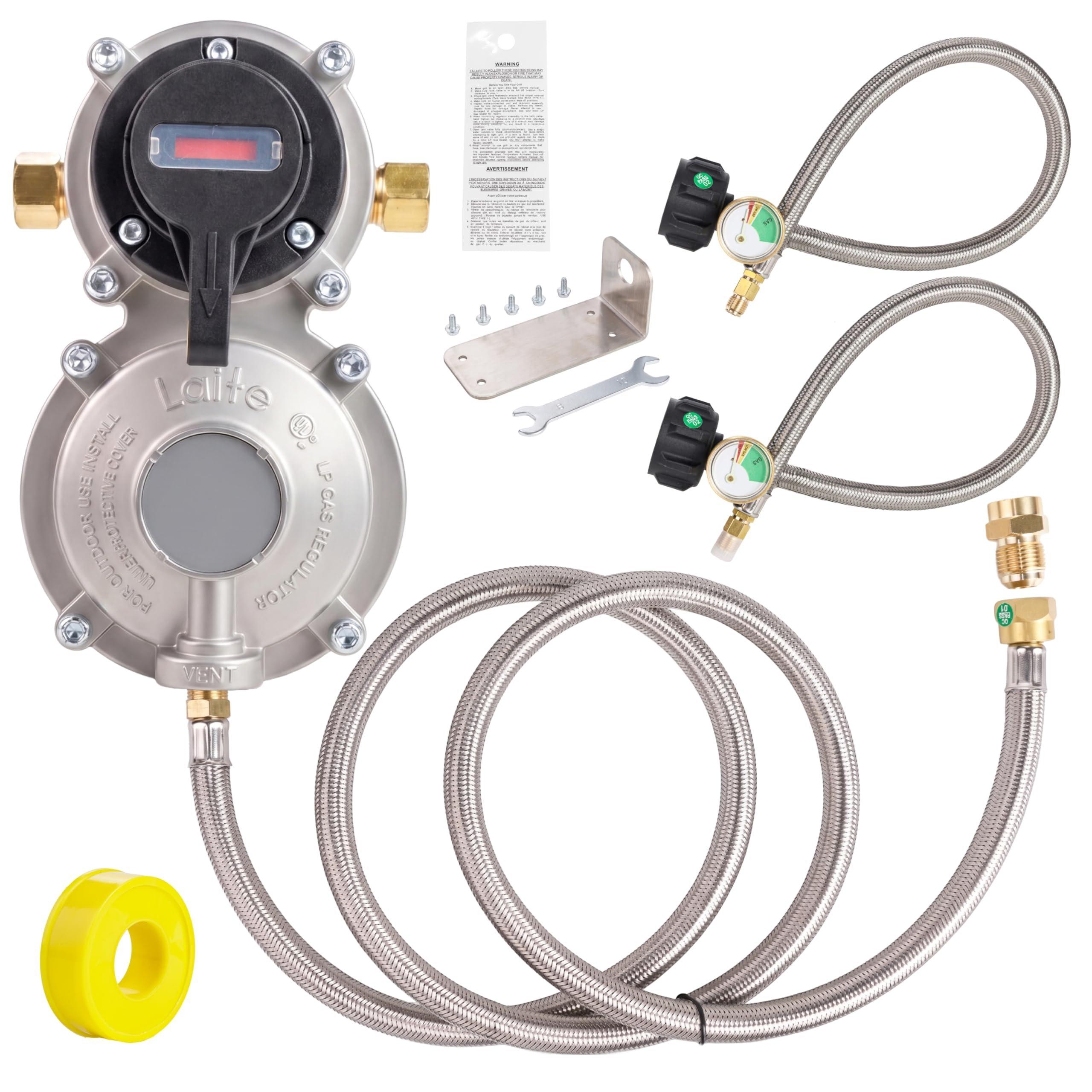 2-Stage Automatic Changeover LP Propane Gas Regulator with Two 18" Pigtail Hoses with Gauge & 4FT Outlet Regulator Stainless Hose 1/4 Inverted Male Flare for RV Camper Trailer | CSA Certified image 0