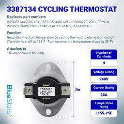3387134 Cycling Thermostat 3392519 Dryer Thermal Fuse 3977393 Thermal Cut-off Switch 3977767 High-limit and Wire Thermostat Kit - Compatible with Whirlpool Kenmore Maytag Dryers thumbnail 1