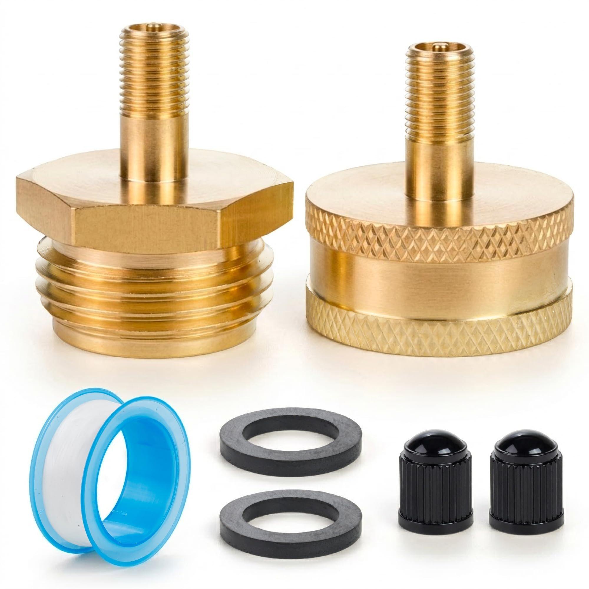 RV Winterizing Blow Out Adapter, 3/4 GHT Brass Schrader Valve | Schrader Valve to 3/4 Garden Hose, Water Line Blow Out Adapter Fitting with Tire Inflation Valve for Camper Travel Trailer image 0