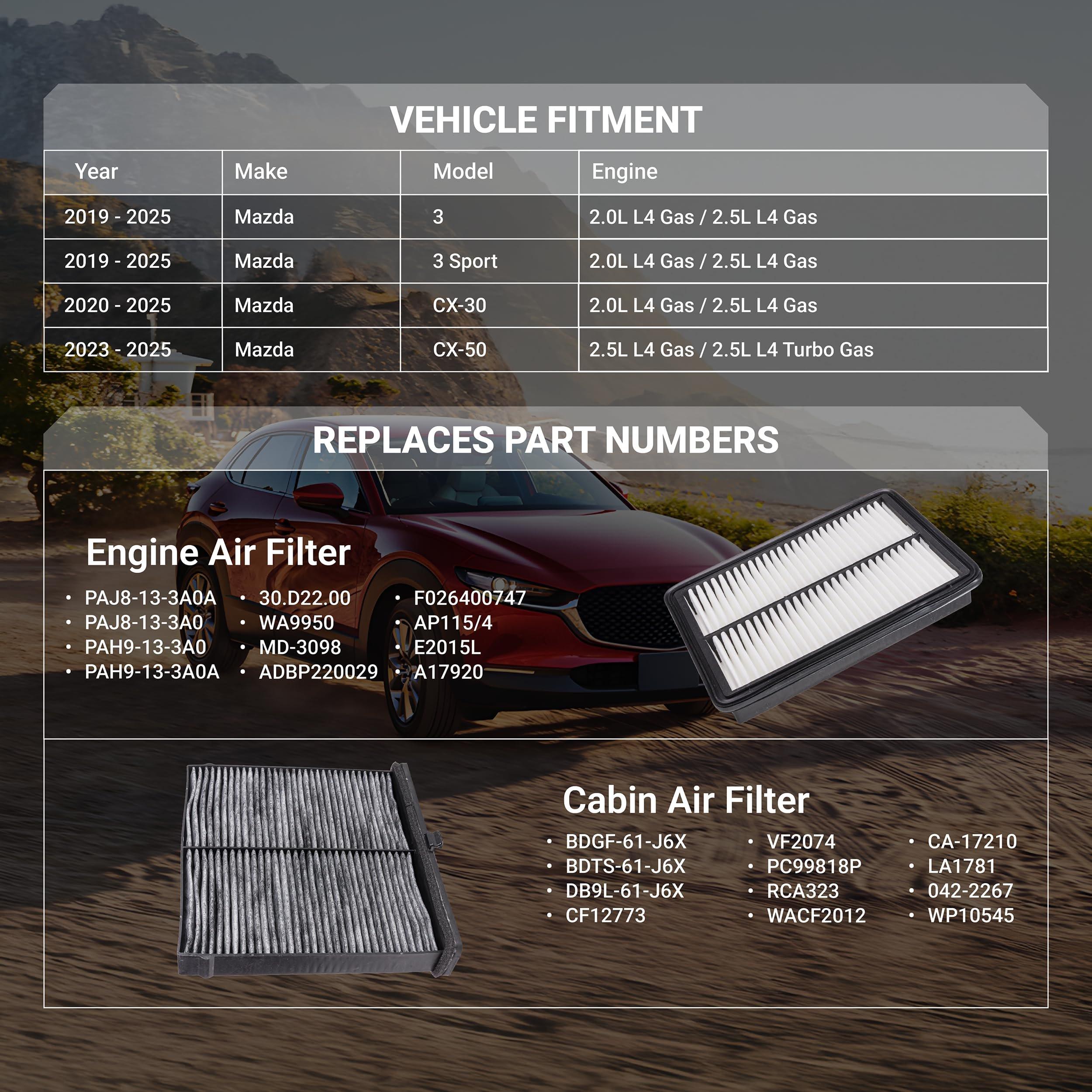 Engine & Cabin Air Filter Kit for Mazda 3 2019-2025, CX-30 2020-2025, Select CX-50 2023-2025 - Includes PAJ8-13-3A0A Engine Air Filter and BDGF-61-J6X Cabin Air Filter image 2