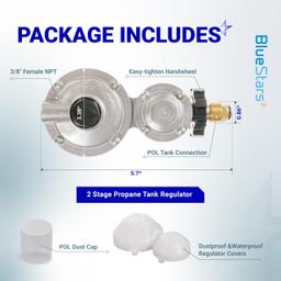 BlueStars 2 Stage Propane Regulator with POL - Standard P.O.L Connection and 3/8in Female Flare Fitting - Propane Tank Regulator for RV Vans Trailers Campers 100lb Tank ASME Tank Generators thumbnail 1