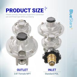 BlueStars 2 Stage Propane Regulator with POL - Standard P.O.L Connection and 3/8in Female Flare Fitting - Propane Tank Regulator for RV Vans Trailers Campers 100lb Tank ASME Tank Generators thumbnail 2