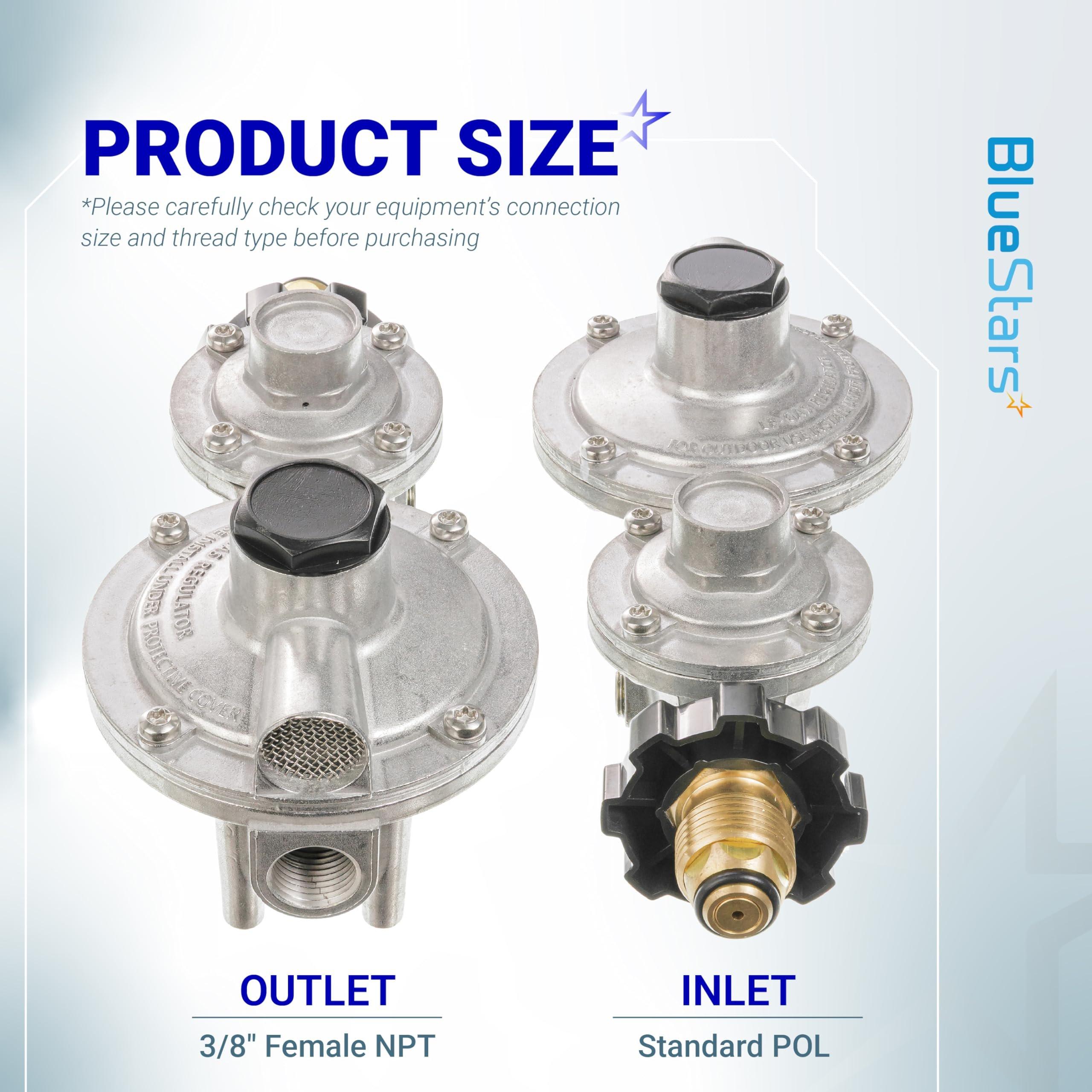 BlueStars 2 Stage Propane Regulator with POL - Standard P.O.L Connection and 3/8in Female Flare Fitting - Propane Tank Regulator for RV Vans Trailers Campers 100lb Tank ASME Tank Generators image 2