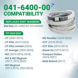 041-6400-00 Pump Belt Replacement - Fits Bad Boy MZ Magnum ZT Elite ZT Avenger CZT Outlaw Stand-On Compact Outlaw 041640000 Mower Drive Belt | 1/2" x 66.25" thumbnail 2