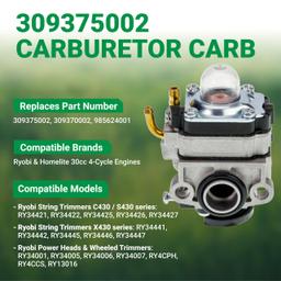 309375002 Carburetor Kit - Compatible with Ryobi & Homelite 30cc 4-Cycle Engines 309370002 985624001 Ryobi S430 C430 X430 RY34421 RY34441 RY34425 RY34445 RY34001 RY13016 String Trimmers thumbnail 4