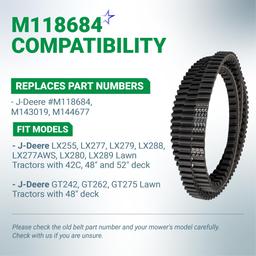 BlueStars M118684 M143019 M144677 Mower Deck Belt - Compatible with J-Deere LX255, LX277, LX279, LX288, LX277AWS, LX280, LX289 with 42C 48" 52" Deck, GT242, GT262 GT275 - Cogged Belt 5/8" x 64" thumbnail 3