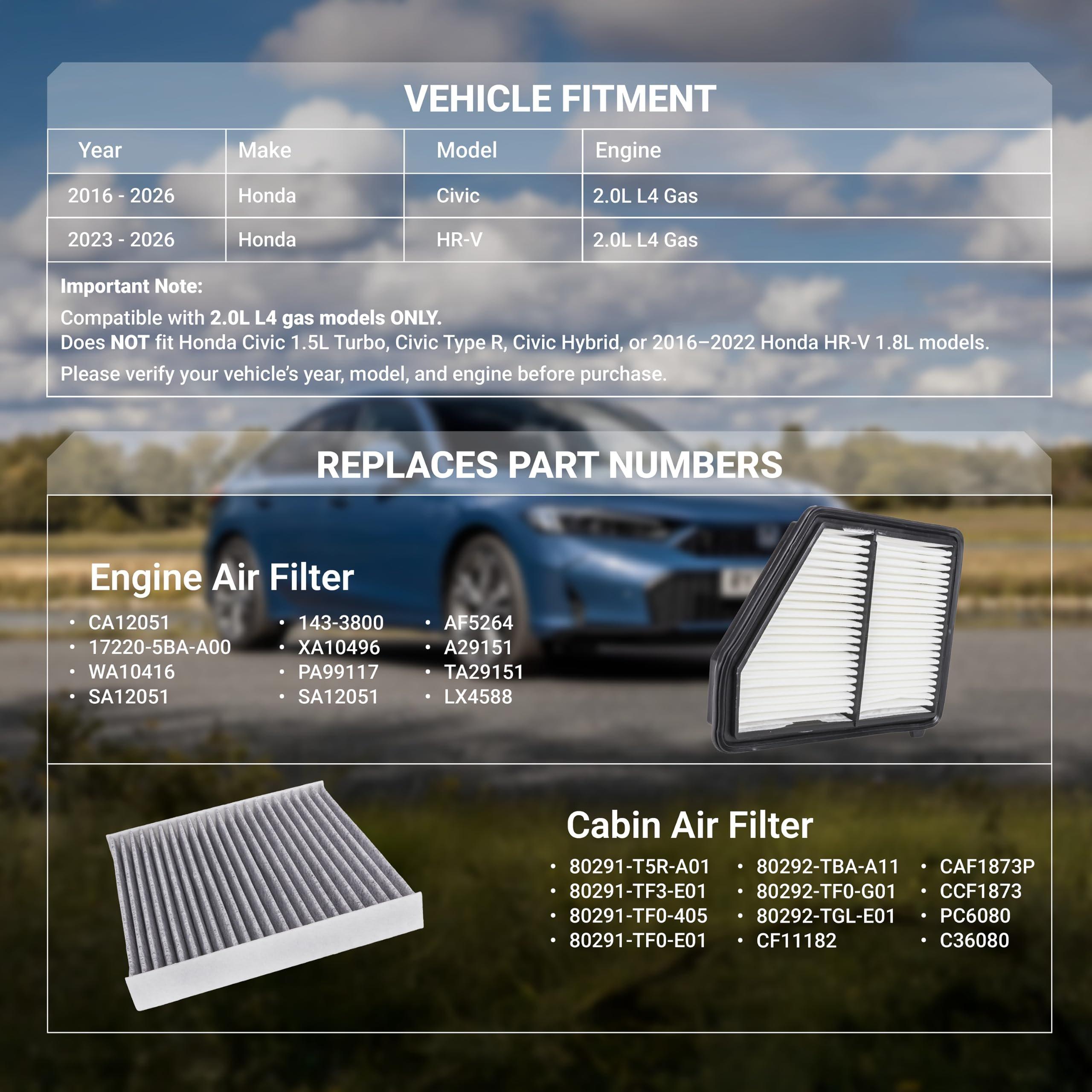 80291-T5R-A01 Cabin Air Filter + CA12051 Engine Air Filter Kit - Compatible with Honda Civic 2016-2026 2.0L, HR-V 2023-2026 2.0L - Replaces 17220-5BA-A00, CF11182, SA12051 image 2